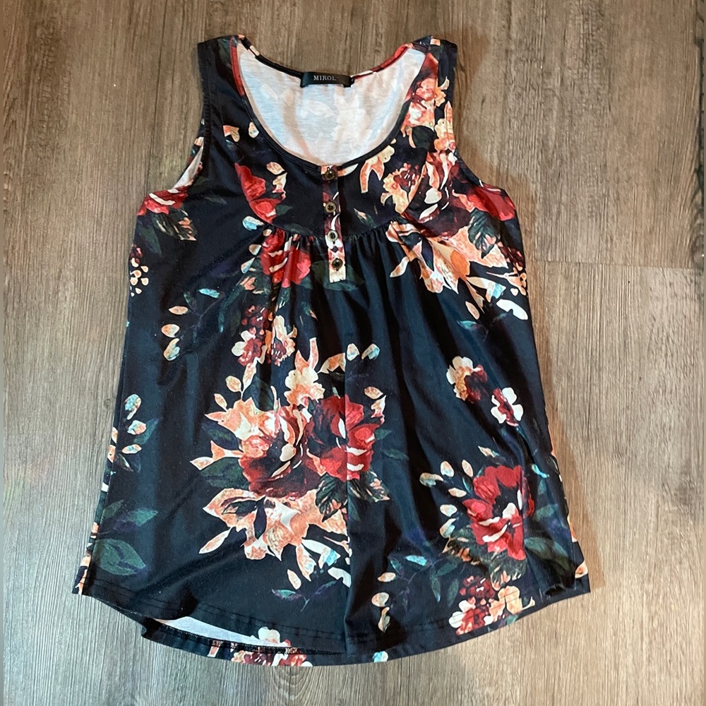 MIROL Floral Scoop Neck Tank with Buttons, Red and Cream Blooms